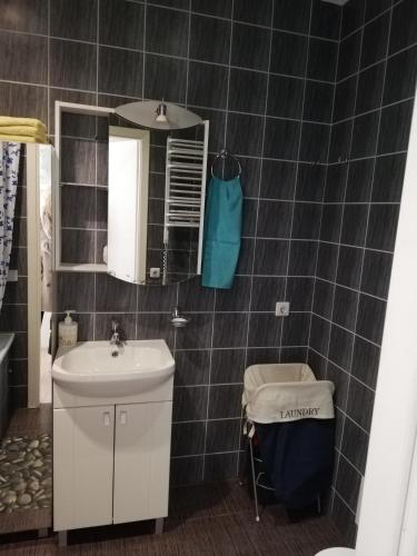 ein Badezimmer mit Waschbecken und Spiegel in der Unterkunft Cosy Apartment in Klaipėda