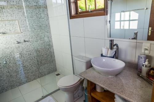 a bathroom with a sink and a toilet and a shower at Encontro dos Vales in Visconde De Maua