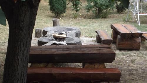 a fire pit with two benches next to a tree at Alabástrom Panzió és Étterem in Bogács