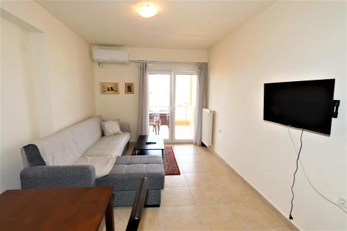 a living room with a couch and a flat screen tv at Dolphins Apartments in Loutra Edipsou