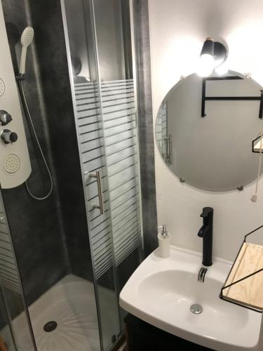 een badkamer met een douche en een wastafel bij Studio chaleureux à la Foux D’Allos in Allos