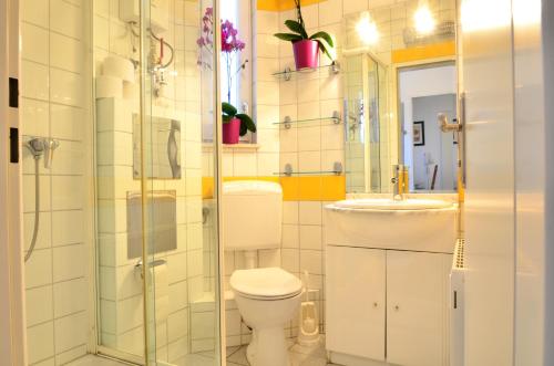 ein Badezimmer mit Toilette, Waschbecken und Dusche in der Unterkunft AJO Apartments - Alte Donau Garden Flat - Self-Check-in in Wien