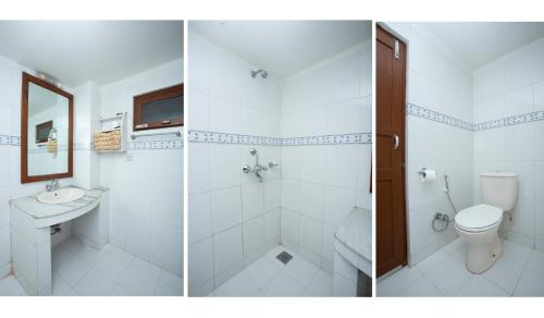 two pictures of a bathroom with a toilet and a sink at Bandipur Mountain Resort in Bandīpur
