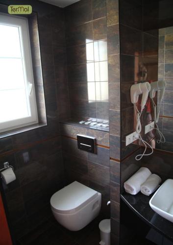 a bathroom with a toilet and a sink and a window at Penzion Termal in Bojnice