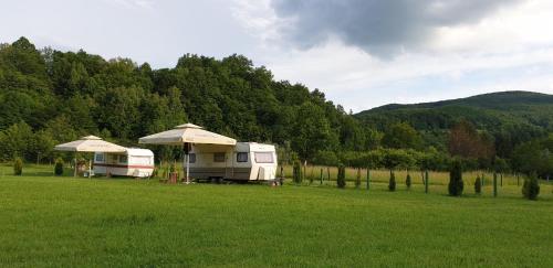 two rvs parked in a field in a field at Auto Kamp Lav in Kulen Vakuf
