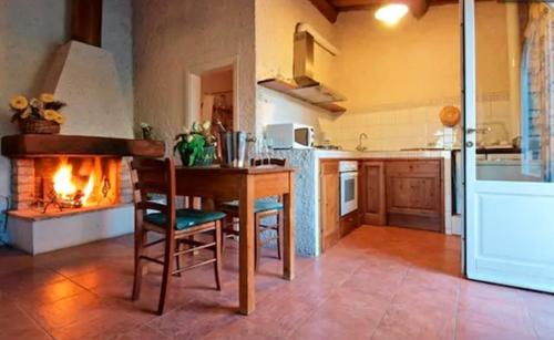 a kitchen with a table and chairs and a fireplace at Agriturismo La Moraia in Poggibonsi