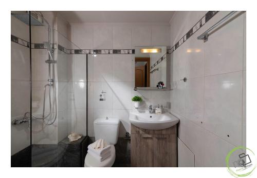 uma casa de banho com um WC, um lavatório e um chuveiro em Irini Apartment Piskopiano, Hersonissos #2 em Hersonissos