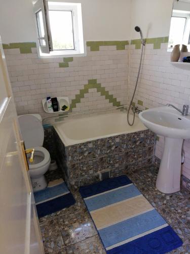 a bathroom with a tub and a toilet and a sink at Vila la Izvorul Putinei in Haţeg