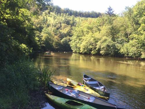 three canoes sitting on the side of a river at Petite maison d'Amelotte in Sainte-Cécile