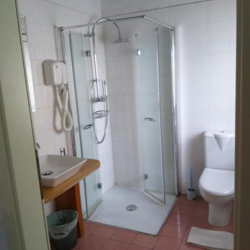 a bathroom with a shower and a sink and a toilet at Casa - hiša Klarčeva in Ceróglie dellʼErmada