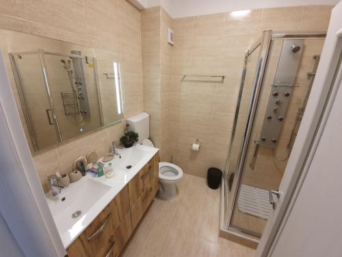 a bathroom with a sink and a shower and a toilet at Suite pe plaja de lux in Mamaia Nord