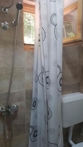 a shower curtain in a bathroom with a toilet at TARA INN Resort in Bastasi