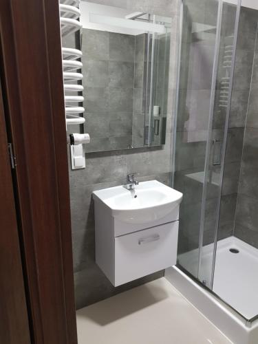 a white bathroom with a sink and a shower at Apartament Nad Łomnicą in Karpacz
