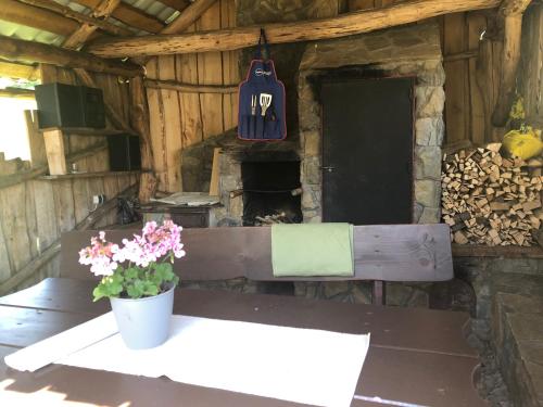 a bench with a pot of flowers on a table at Pokoje U Moniki in Grywałd