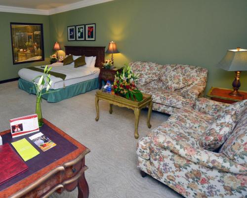 a living room with a couch and a bed at The Convention Center & Royal Suites Hotel in Kuwait