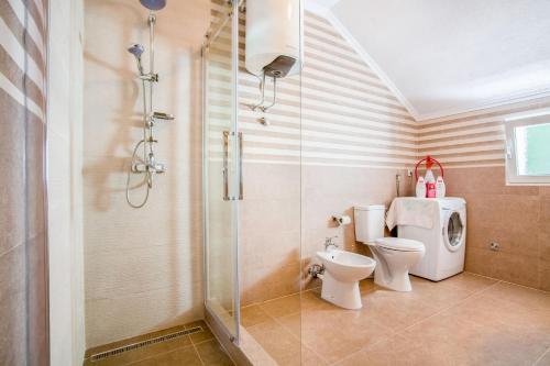 a bathroom with a shower stall and a toilet at Luxury House Petrovic - Vranjina Skadar Lake in Podgorica