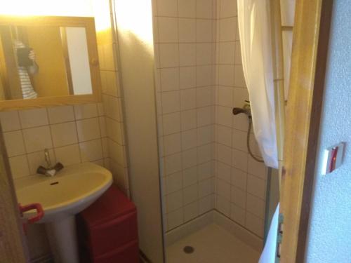 a small bathroom with a sink and a shower at Charmant T3 Bussang, Vosges, vue imprenable in Bussang