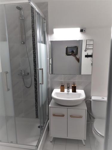 une salle de bain blanche avec un lavabo et une douche dans l'établissement Appartement Carnon Plage, à Carnon-Plage