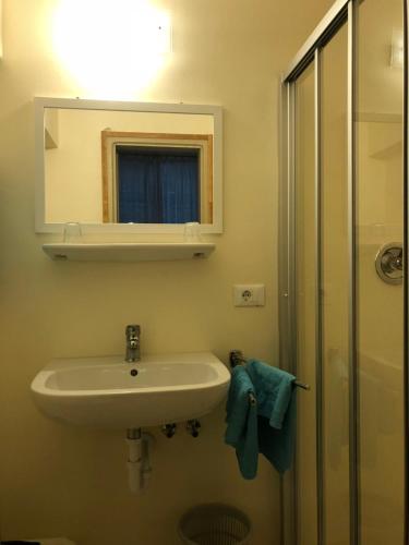 uma casa de banho com um lavatório, um espelho e um chuveiro em Pension Latemar em Caldaro