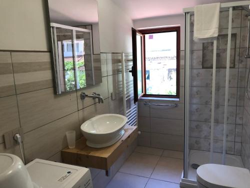 Un baño con lavabo y ducha de cristal. en Casa Vacanze Nonna Suocera, en San Severino