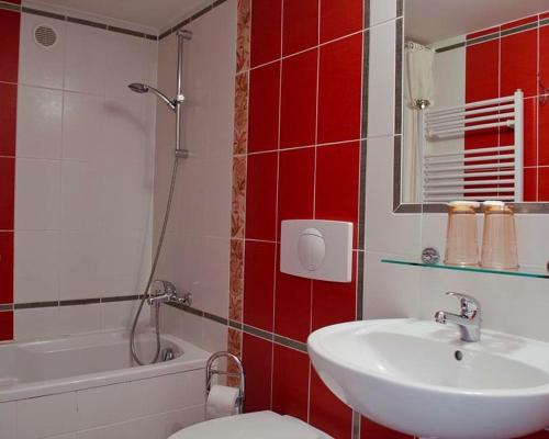 a bathroom with a sink and a toilet and a tub at Garni Hotel St Anna in Boží Dar