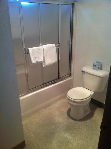 a bathroom with a toilet and a shower with towels at Crown Inn in Seattle