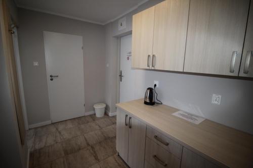Brzezie的住宿－Pod Kominem Pokoje i Apartamenty，厨房配有柜台,门通往浴室