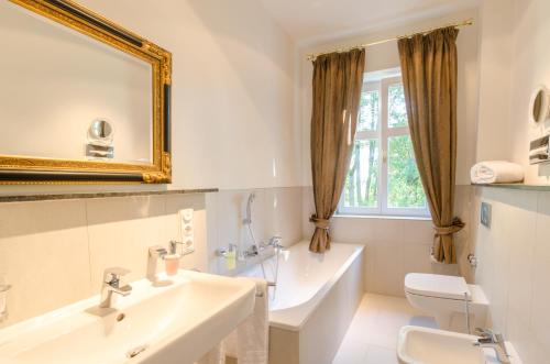 a bathroom with a sink and a toilet and a mirror at Seeschloss Schorssow in Schorssow