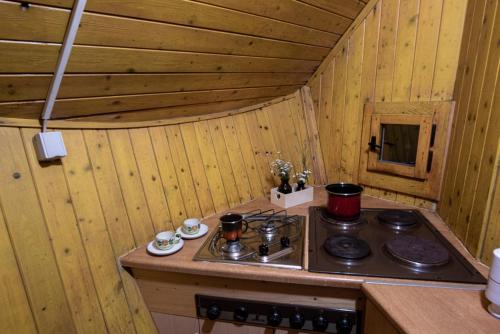 uma cozinha com um fogão num quarto de madeira em Chalet Gasparjeva Velika Planina em Kamnik