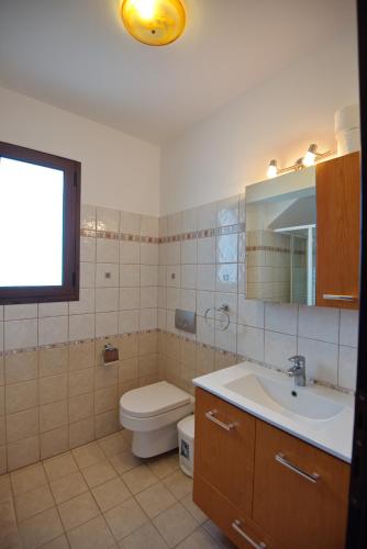 a bathroom with a toilet and a sink and a mirror at Esperides Maisonettes in Votsi