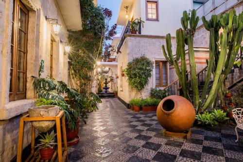 a courtyard with a lot of plants and cactus at Majestad Hotel Boutique in Arequipa