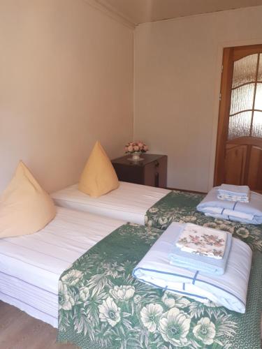 two beds sitting next to each other in a room at Česlovos sodyba in Zarasai