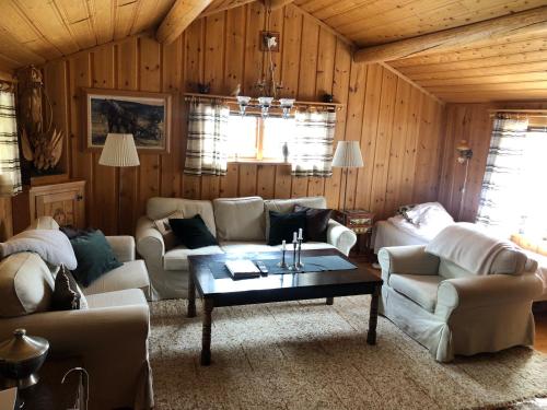 a living room with couches and a coffee table at Lillstugan in Sälen
