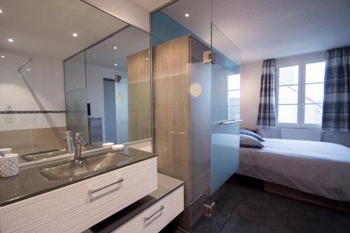 a bathroom with a sink and a bed and a mirror at Le Manoir Domaine de la Motte in Saint-Dyé-sur-Loire