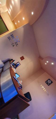 ポモリエにあるSofia Family Hotelのベッドとテレビ付きの屋根裏部屋