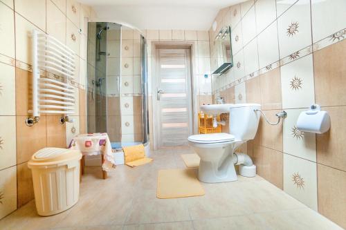 a bathroom with a toilet and a walk in shower at Willa Jastrząb in Jastrzębia Góra