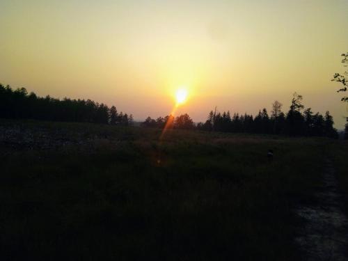 a sunset in a field with the sun in the sky at Votre Horizon in Aywaille