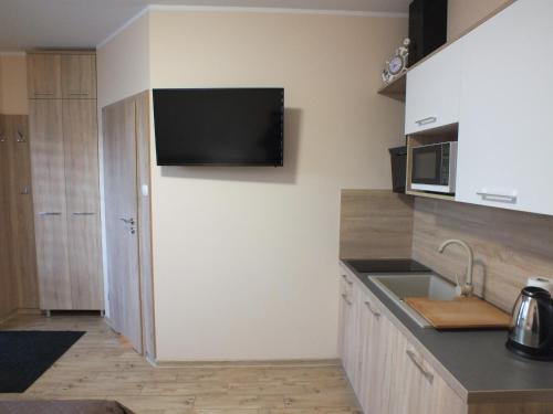 a kitchen with a television on the wall at Apartamenty U Elizy in Kołobrzeg
