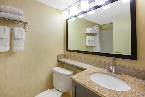 a bathroom with a toilet and a sink and a mirror at Baymont by Wyndham Harrisburg in Harrisburg