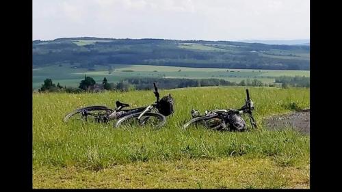 a group of motorcycles parked in a field of grass at Apartman Na Horách in Příbram