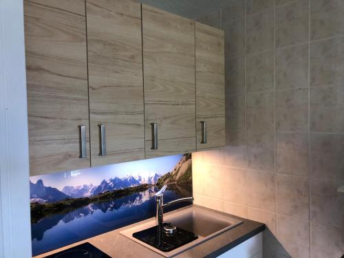 une cuisine avec un évier et une photo sur le mur dans l'établissement L'AnsloBoys Montagne A2, à Les Deux Alpes