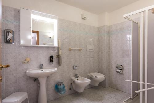 bagno con lavandino, servizi igienici e specchio di Hotel El Paso a Fai della Paganella