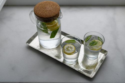 a tray with two glasses and a bottle of drink at Hydras Chromata in Hydra