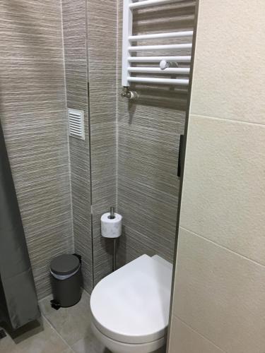 a small bathroom with a toilet and a window at Moonlight Hotel in Chişinău