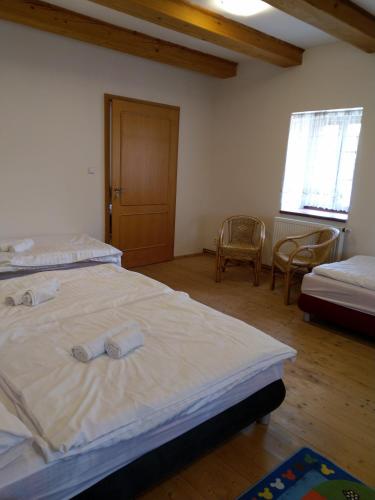 a bedroom with two beds and a window and a door at Žabonosy Mlýn in Žabonosy