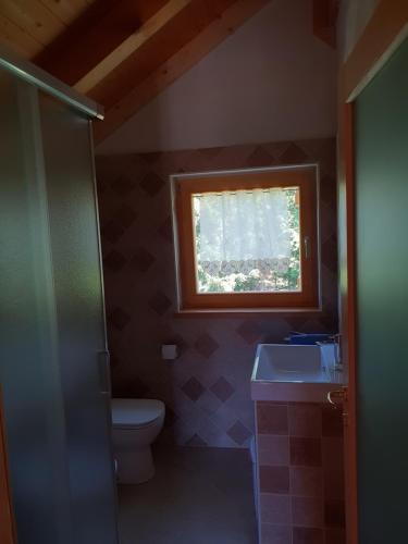 a bathroom with a toilet and a sink and a window at Agriturismo Gacceman in Ugovizza