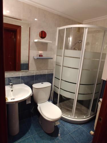 een badkamer met een douche, een toilet en een wastafel bij Hogar, a modo de hotel in Gijón