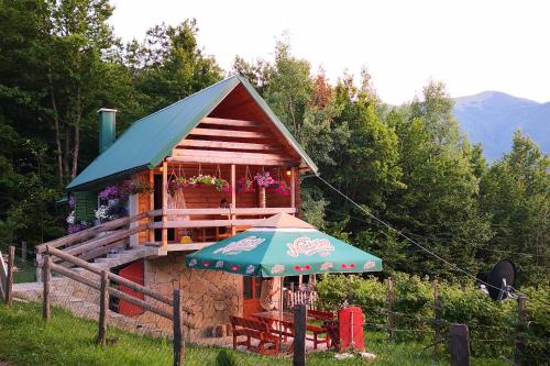 a small house with a blue umbrella in a yard at Koliba Pčelica 1 in Bijelo Polje