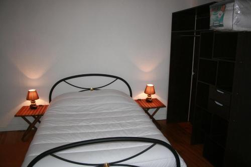 ein Schlafzimmer mit einem Bett mit zwei Lampen an zwei Tischen in der Unterkunft Maison-Gite métropole Nancy in Vandoeuvre-lès-Nancy