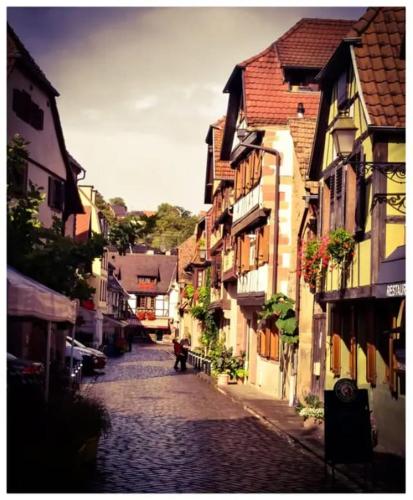 uma rua de paralelepípedos numa cidade com edifícios em Chez SANDRA em Obernai